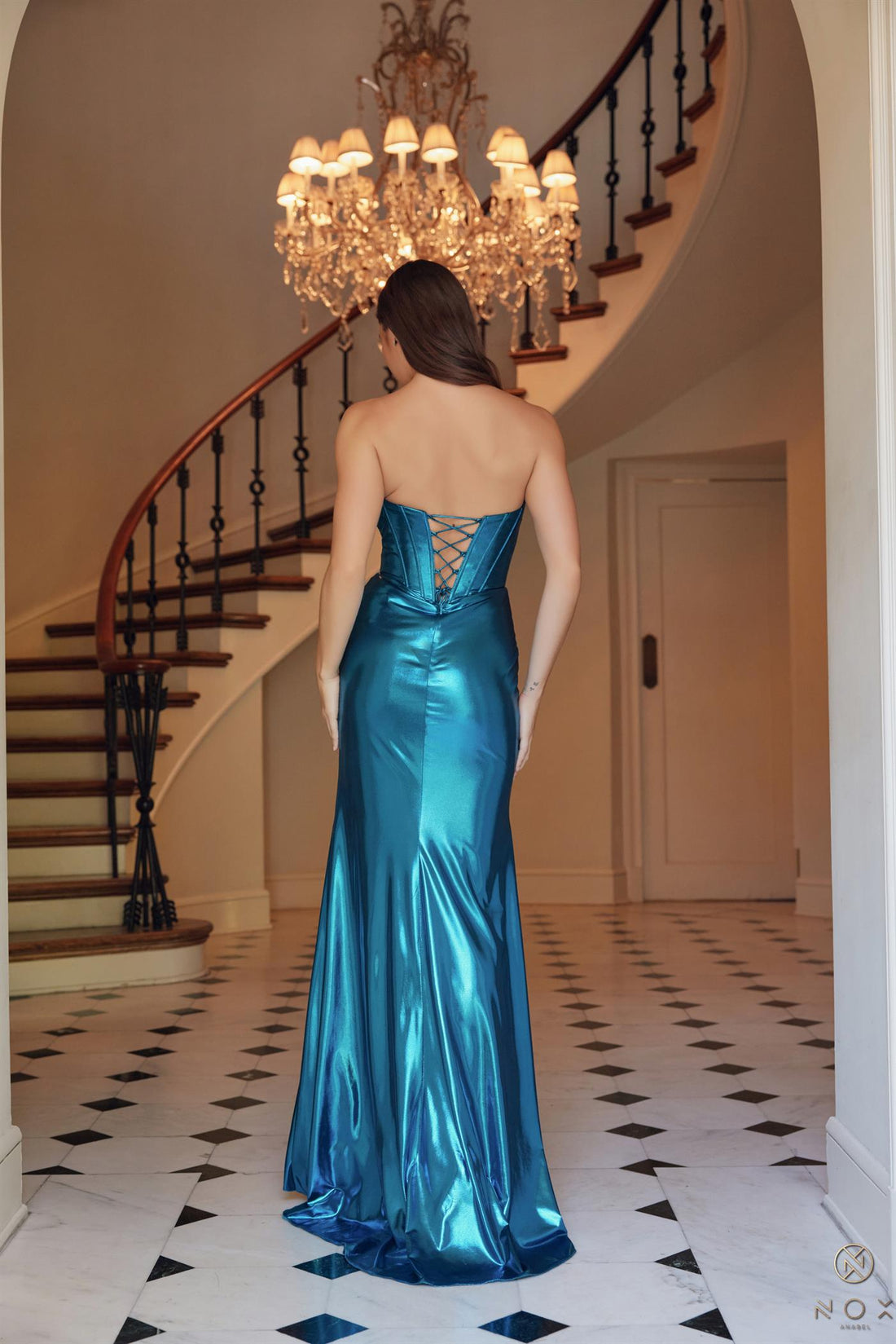 Metallic Fitted Strapless Gown by Nox Anabel T1499