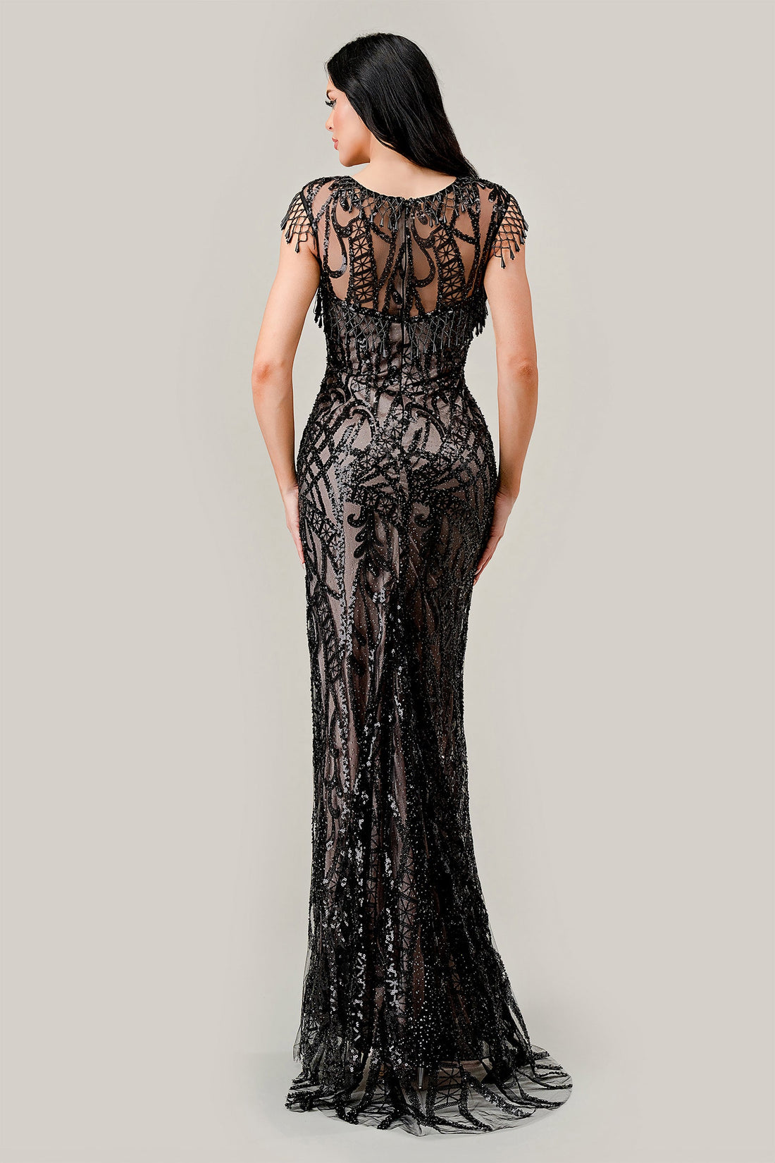 Sequin Fringe Cap Sleeve Slit Gown by Ladivine CC4007