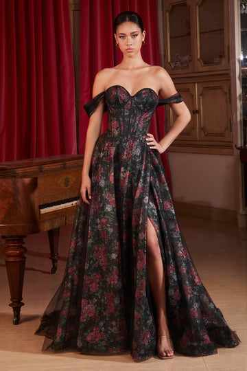 Floral Print Off Shoulder Corset Slit Gown by Ladivine CD806