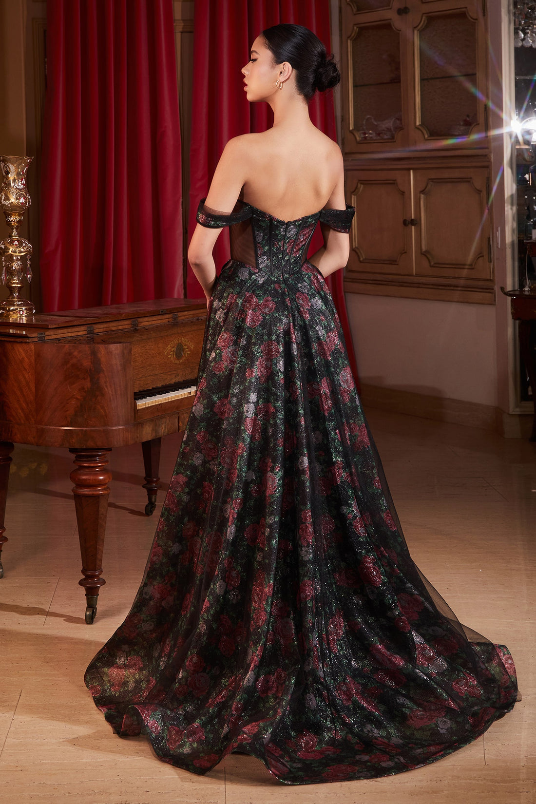 Floral Print Off Shoulder Corset Slit Gown by Ladivine CD806