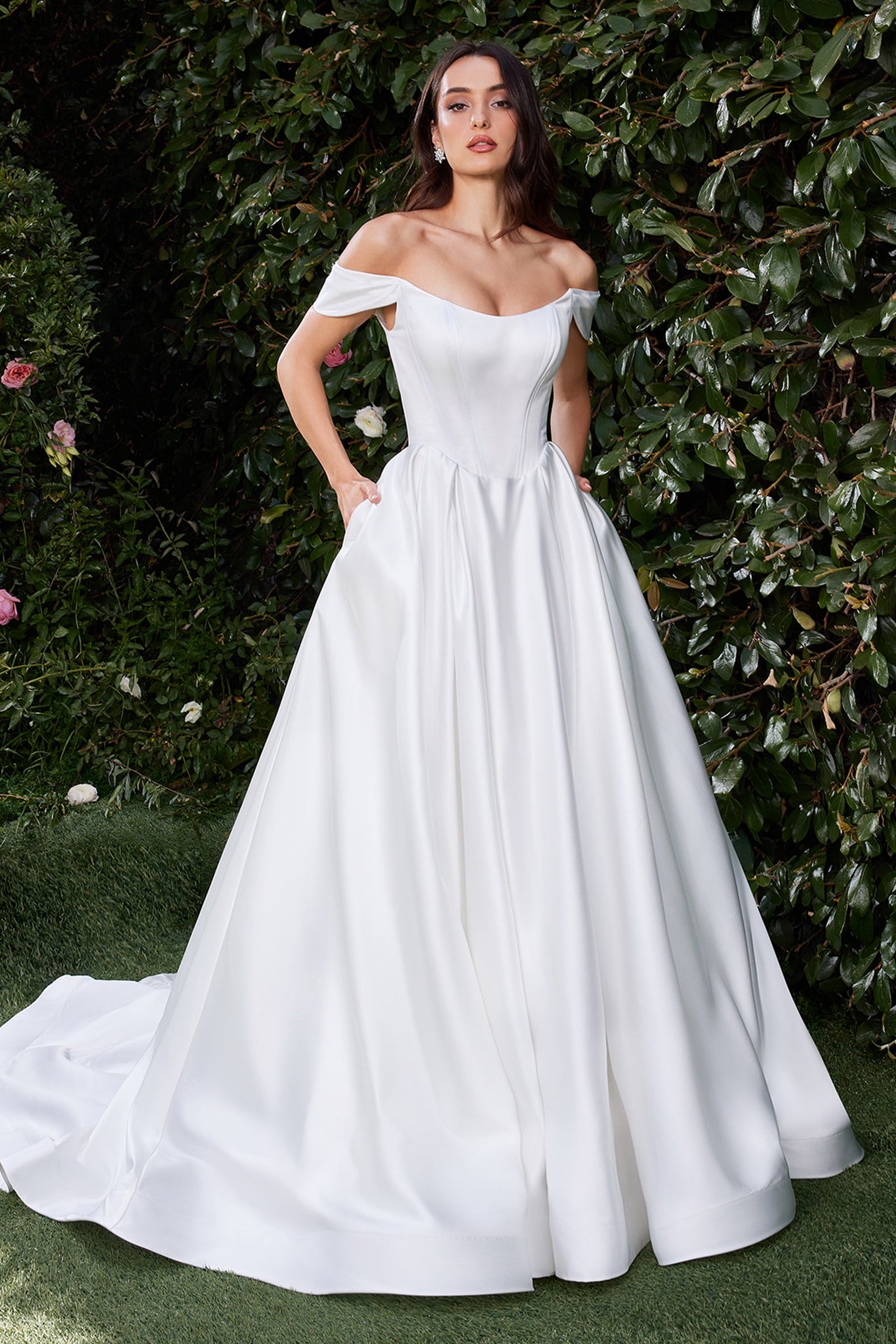 Satin Off Shoulder Bridal Ball Gown by Ladivine CDS513W