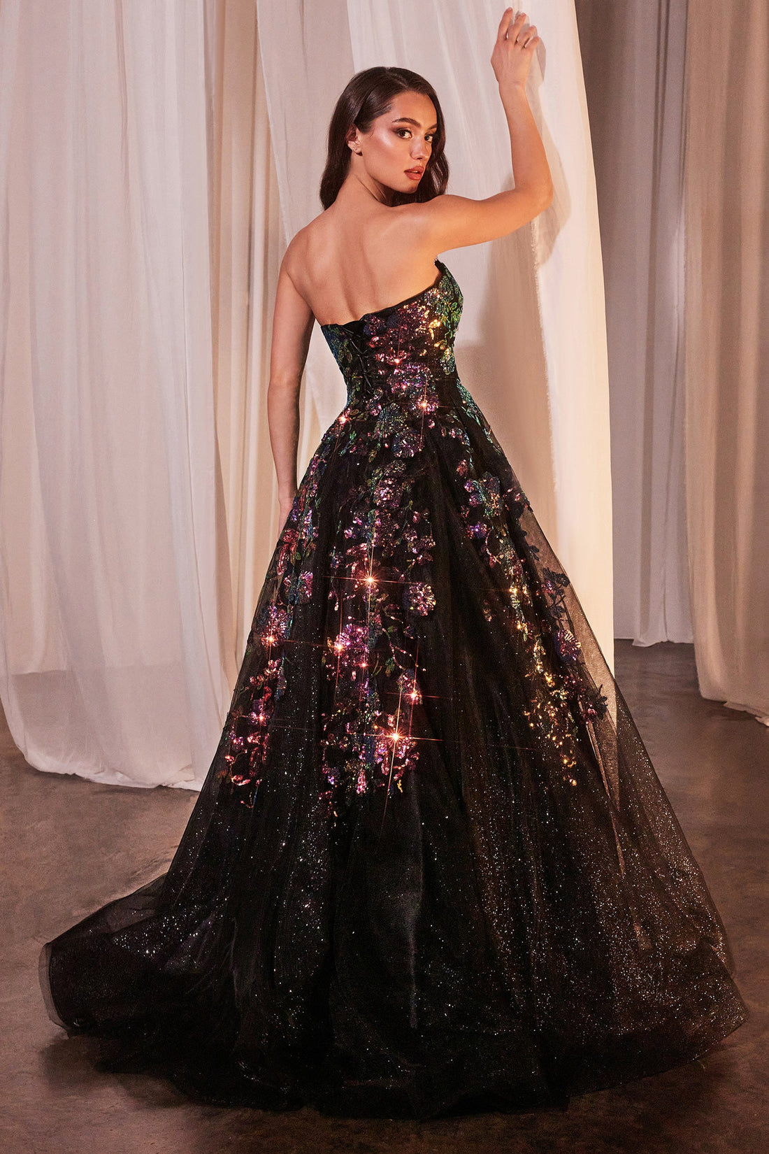 Floral Sequin Print Strapless Ball Gown by Ladivine CR380