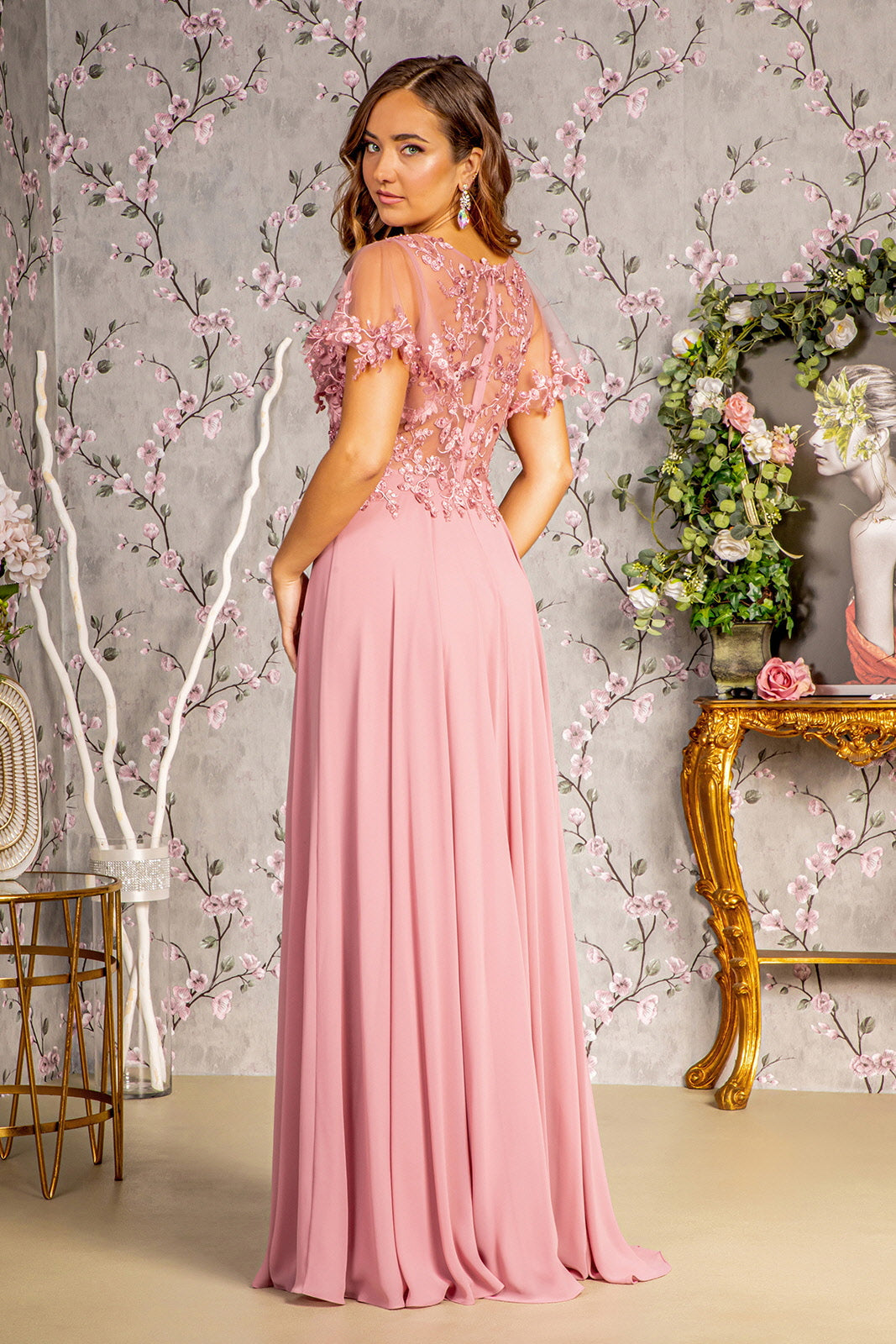 Floral Applique Short Sleeve A-line Gown by GLS Gloria GL3352