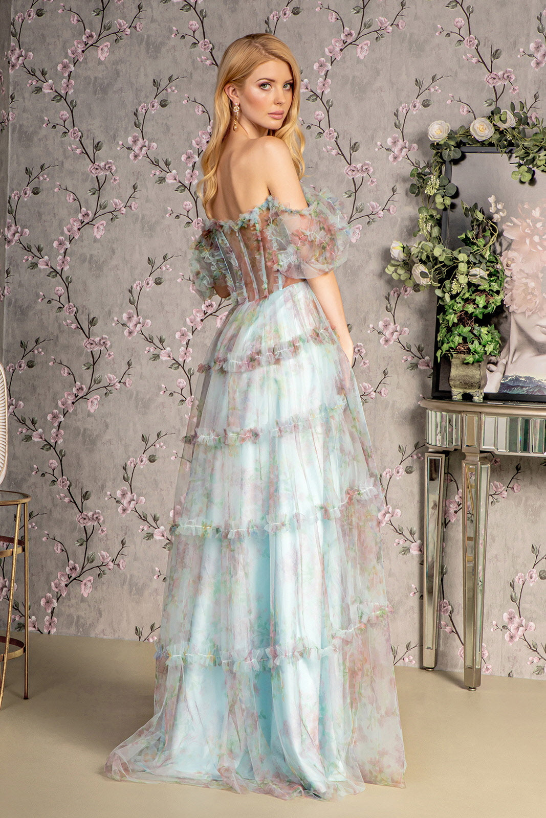 Print Off Shoulder Ruffled A-line Gown by GLS Gloria GL3394