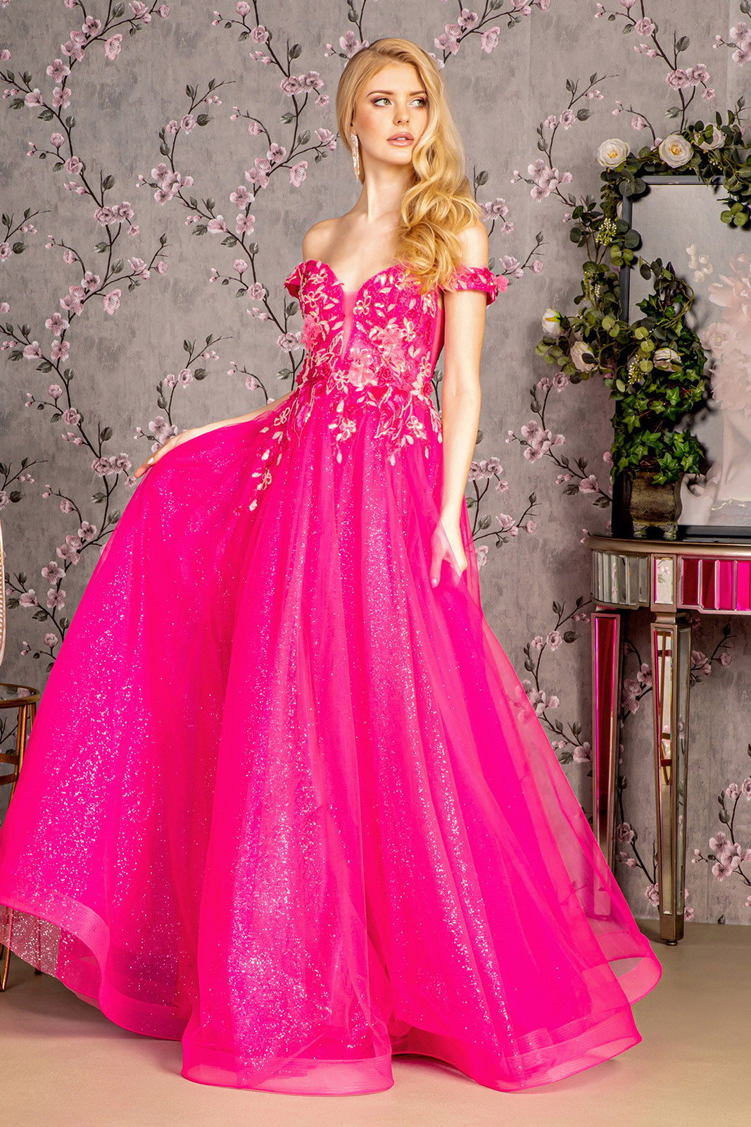 3D Floral Off Shoulder A-line Gown by GLS Gloria GL3443