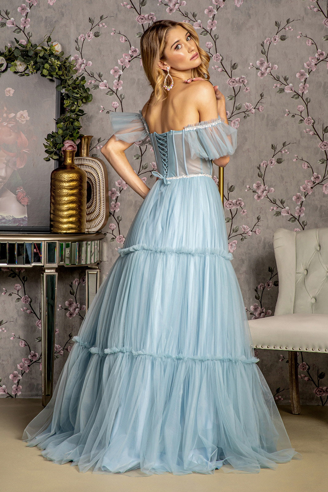 Off Shoulder Sheer Corset Tiered Gown by GLS Gloria GL3453