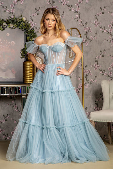 Off Shoulder Sheer Corset Tiered Gown by GLS Gloria GL3453