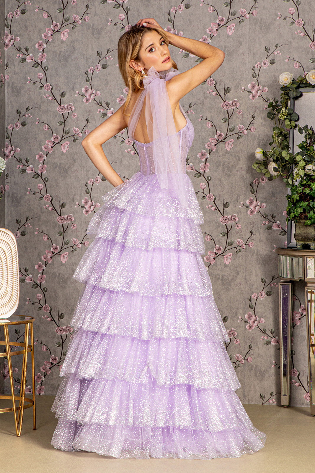 Glitter One Shoulder Tiered Ruffled Gown by GLS Gloria GL3454