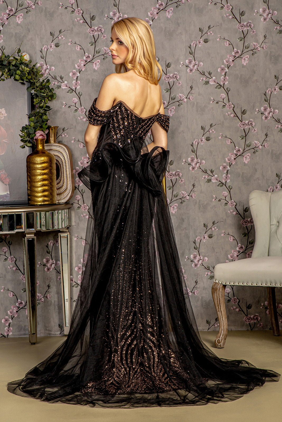 Sequin Off Shoulder Overskirt Gown by GLS Gloria GL3496