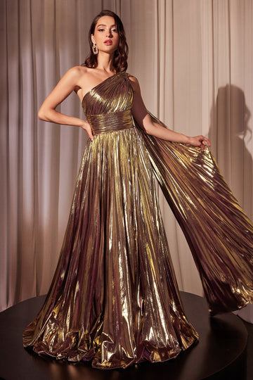 Metallic One Shoulder A-line Gown by Ladivine J874