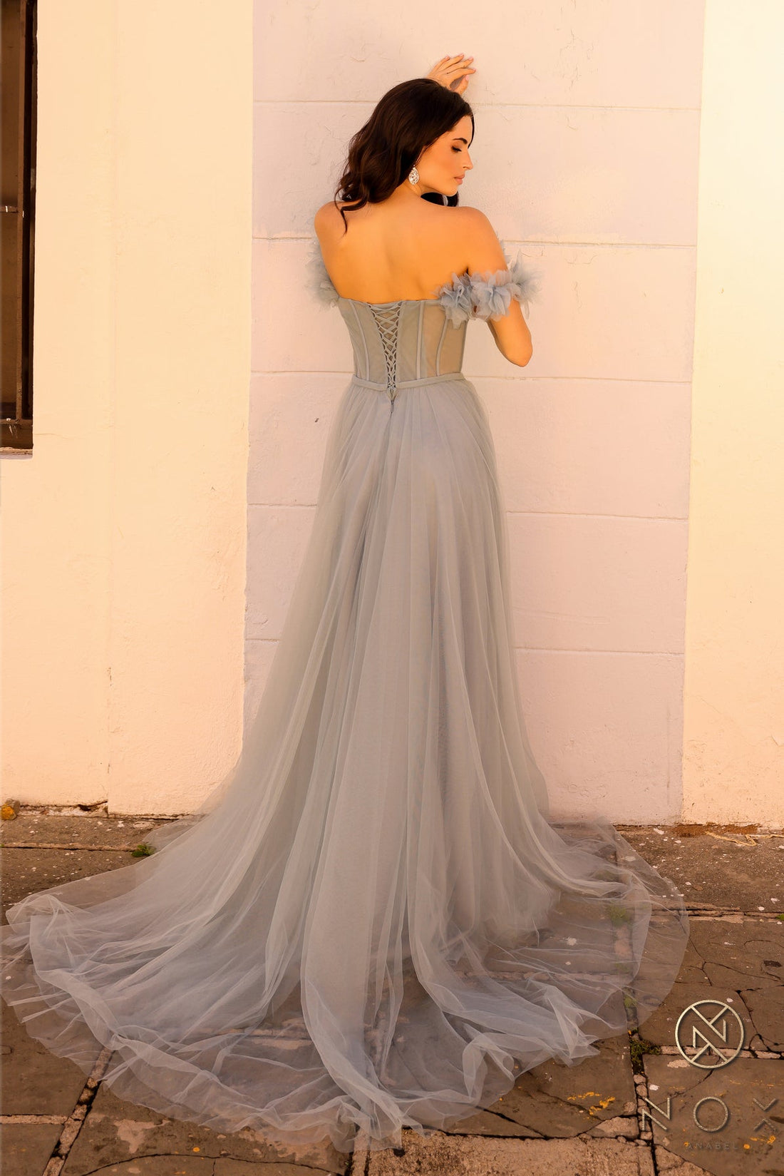 Ruffled Off Shoulder A-line Tulle Gown by Nox Anabel Y1474