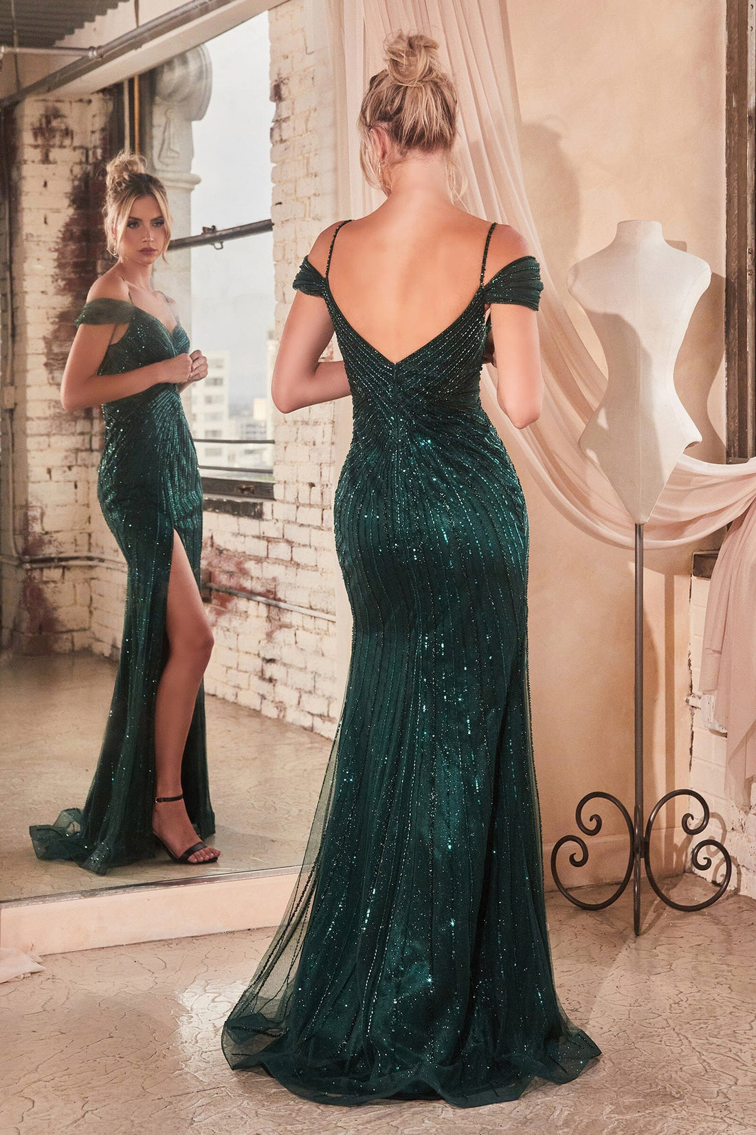 Linear Sequin Off Shoulder Slit Gown by Ladivine CD0219