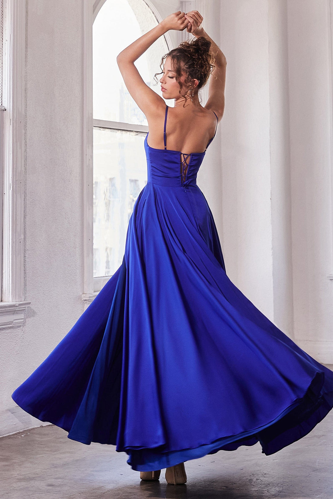 Long Satin Sleeveless A-line Slit Gown by Ladivine B8402